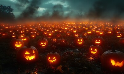 Naklejka premium Creepy Pumpkin Patch at Twilight with Rows of Jack-o'-Lanterns Flickering, Surrounded by Shadows, with an Open Area Above for Adding Halloween Titles or Festive Quotes
