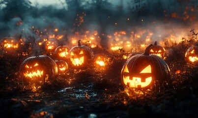 Creepy Pumpkin Patch at Twilight with Rows of Jack-o'-Lanterns Flickering, Surrounded by Shadows, with an Open Area Above for Adding Halloween Titles or Festive Quotes