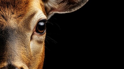 Close-up of a deer's face against a dark background, highlighting its eye and fur texture.