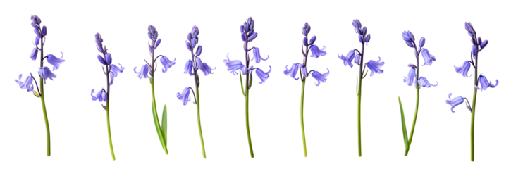 A collection of real bluebell flowers isolated on a flat background