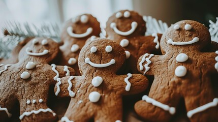 Macro shot of gingerbread cookies decorated with intricate icing details. Christmas baking, festive celebrations,seasonal traditions,holiday-themed designs,marketing materials,holiday warmth
