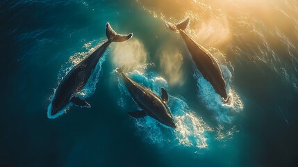 Fototapeta premium An aerial perspective of a wildlife photographer using a drone to film whales breaching in the ocean, the photographer standing on a cliff edge, waves crashing below,