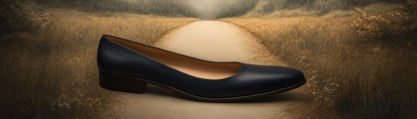 Obraz premium A single navy blue ballet flat shoe placed on a path through a grassy landscape.