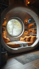 A lounge with a simple bed in a spaceship with a view out a window into space