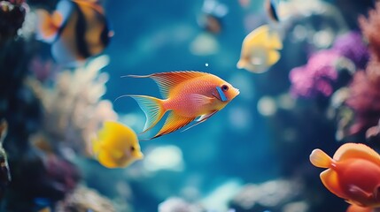 A vibrant orange and blue fish swims amongst a coral reef.