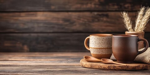 Two rustic cups sit on a wooden table next to a woven coaster and decorative grass, creating a cozy, inviting atmosphere.