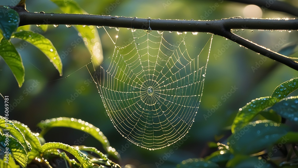 Wall mural close-up of dew-covered spider web illuminated in natural light creating an intricate nature pattern