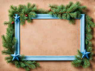 Christmas Banner And Garland With Green Fir Branch, Blue Star Frame