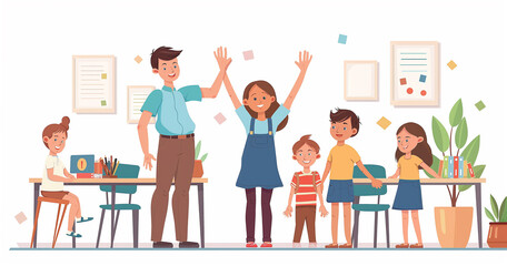 Happy teacher and pupils in classroom.
