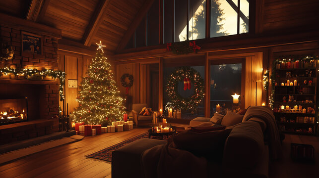 Christmas living room with a decorated tree, gifts, warm and cozy atmosphere in a forest lodge