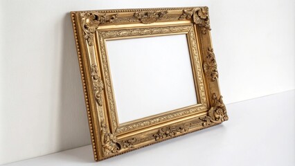 Elegant antique gold picture frame on a crisp white background with ornate details, art, classic, ornamentation