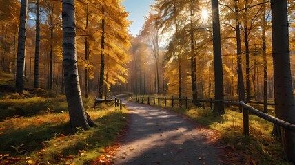 Obraz premium Autumn forest. Forest pathway through the autumn forest. Sunny forest autumn landscape in sunny day. high quality, 8K Ultra Hd