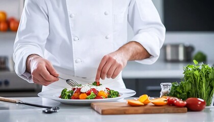 A chef artfully garnishes a colorful dish of fresh vegetables in a modern kitchen setting, showcasing culinary skills and artistry.