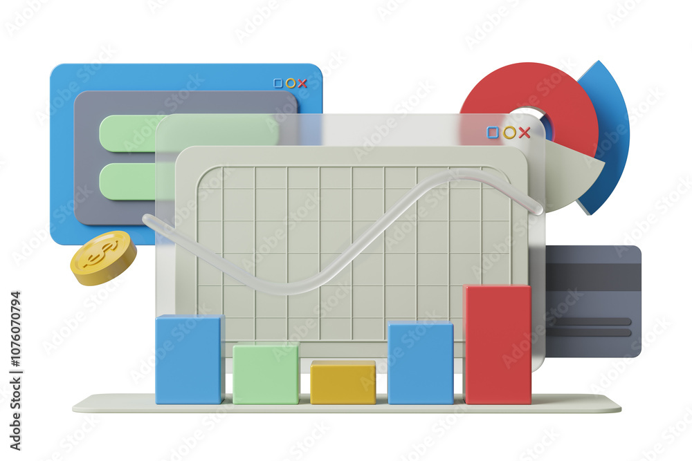 Poster 3d graph and chart elements in colorful blocks on a white background, illustrating financial and dat