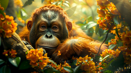 Obraz premium Orangutan in Colorful Rainforest Setting