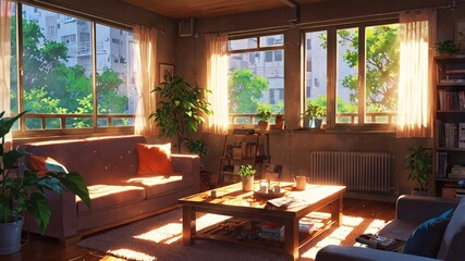 Fototapeta premium Cozy Anime Style Living Room with Natural Light