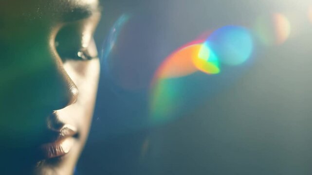 Dramatic slow zoom video with side lighting, close-up of a tear rolling down a cheek, light refracts through the tear