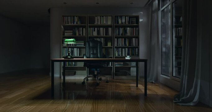 3d render of study room, home, office or library background with book shelf at night