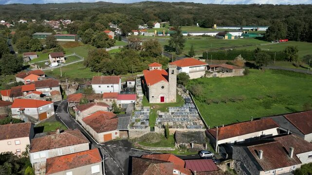 Aerial drone view of the Santa Mar&iacute;a de Parada de Outeiro church, Vilar de Santos, Spain