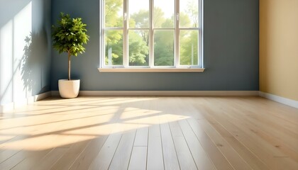 Fototapeta premium An empty room with a large window overlooking a lush green outdoor scene.