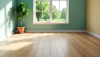 Fototapeta premium An empty room with a large window overlooking a lush green outdoor scene.
