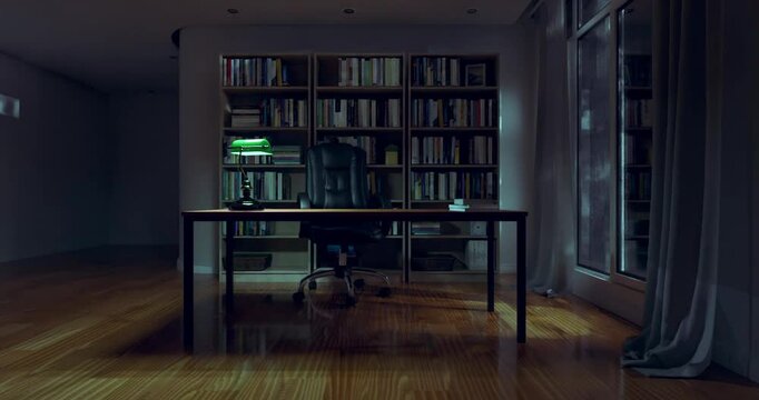 3d render of study room, home, office or library background with book shelf at night