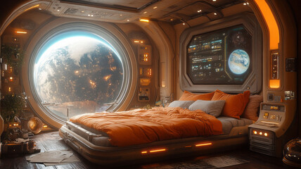 Cozy bedroom of a spaceship in outer space, really comfy messy bed, futuristic, glass window with planets outside