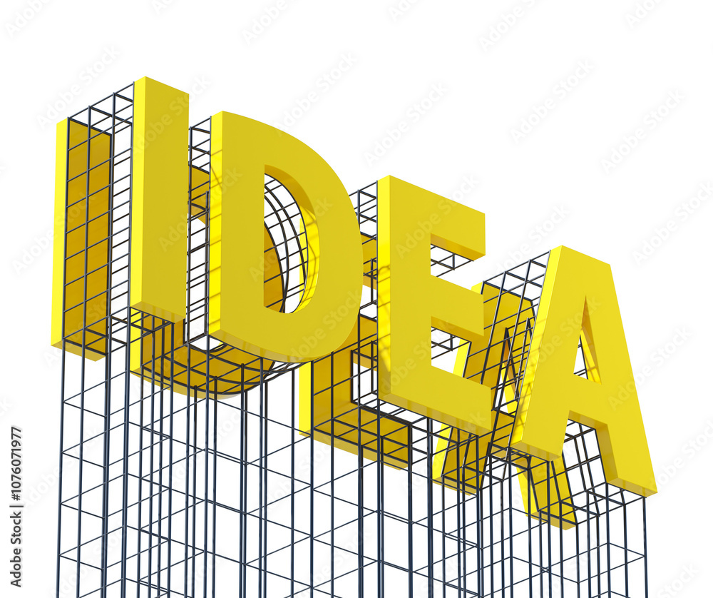 Poster yellow idea text with wireframe design on white background. concept of creativity and innovation. 3d
