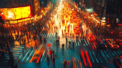 A city street divided by a crosswalk with organized lines of people on one side, opposite a chaotic crowd moving in various directions, contrasting unity and disruption, vibrant evening lights.
