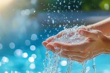 Fototapeta premium Importance of Water Conservation Demonstrated by Cupped Hands