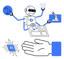 AI robot with multiple arms holds symbols of justice scales, medical heart, industrial robot, documents, and AI chip. Ideal for technology, AI, robotics legal tech healthcare industry 4.0