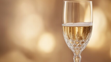 A Close up of Sparkling Champagne in a Crystal Glass Illuminated by Soft Golden Light