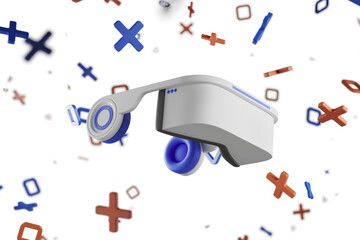 VR goggles with geometric shapes, in a modern style, on a white background. Concept of virtual reality and immersive technology. 3D Rendering