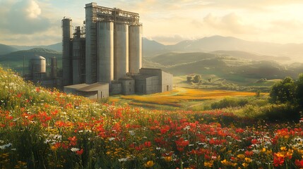 Obraz premium A concrete plant with towering silos against a backdrop of rolling hills and wildflower fields, industrial grays and metals clashing with lush greens and vibrant colors, soft golden-hour lighting.