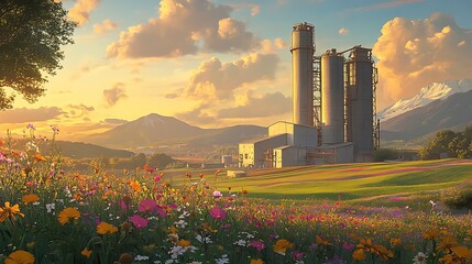 Obraz premium A concrete plant with towering silos against a backdrop of rolling hills and wildflower fields, industrial grays and metals clashing with lush greens and vibrant colors, soft golden-hour lighting.