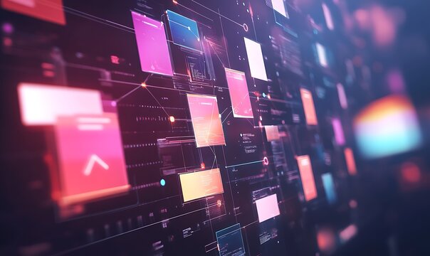  Abstract network grid with files and folders, futuristic software interface, digital document management system, store, search and organize documents, corporate business, paperless office 