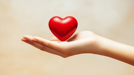 Obraz premium Woman's Hand Gently Holding a Red Heart in Pastel Tones with Clean Minimalist Look