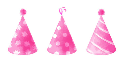 Set of festive pink party hats for birthday, festival, party. Vector watercolor illustration