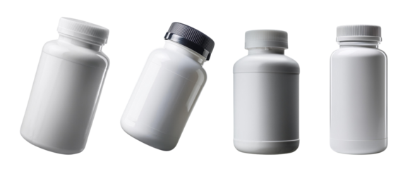 Four different angles of empty white supplement bottles, ideal for packaging design and health-related projects.