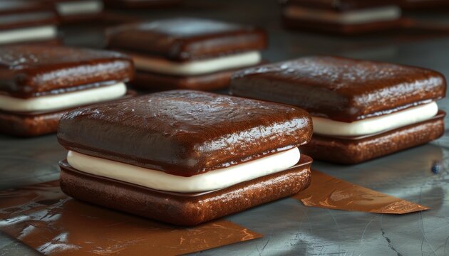 Closeup of chocolate sandwich cookies with white filling on a baking sheet.