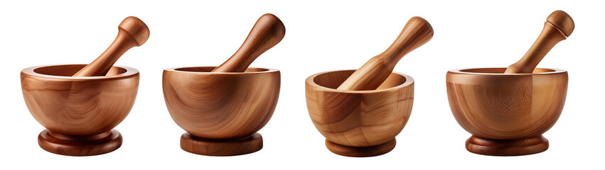 Set of wooden mortar and pestle on a white background, perfect for grinding spices and herbs in cooking.