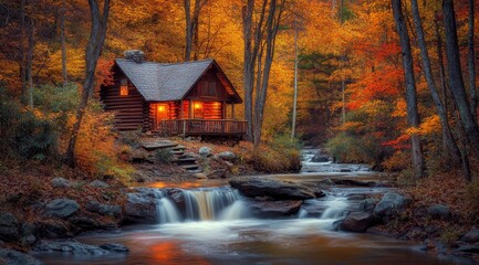 A cozy log cabin with lights on sits beside a rushing stream in a vibrant autumn forest.