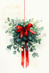 watercolor illustration of hanging mistletoe with red ribbon, white background,