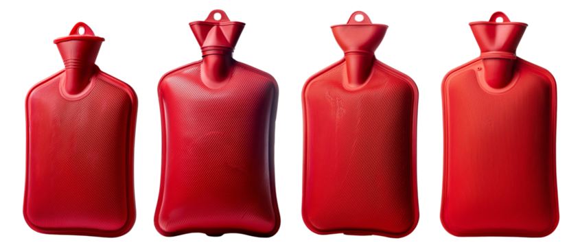 Collection of classic red hot water bottles for comfort and warmth during cold weather or soothing aches.
