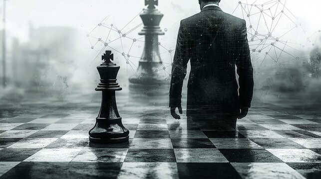 A 3D chess master stands among chess pieces, symbolizing strategic thinking and decision-making in business.