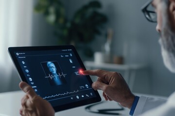 Doctor using futuristic digital tablet showing patient vitals in modern clinic