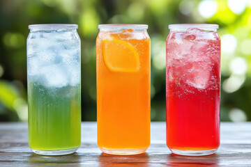 Three refreshing canned drinks, green, orange and red, with ice and lemon slice, on wooden table