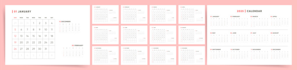 Elegant 2025 calendar template with monthly and yearly layouts, minimalist design calendar vector planner for 2025 year.