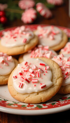 Frosted cookies with crushed candy canes on Christmas plate