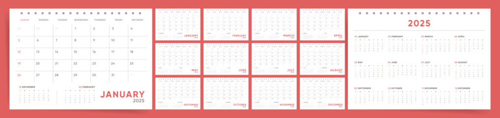Minimalist 2025 calendar template with monthly and yearly views, simple and clean design calendar  vector, planner for 2025 year.